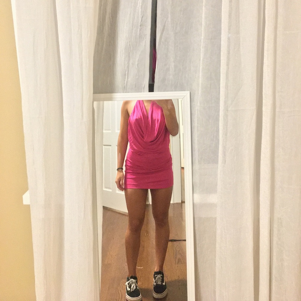 A bright pink party dress